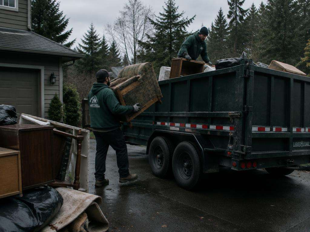 Crew loading old furniture into a dump trailer